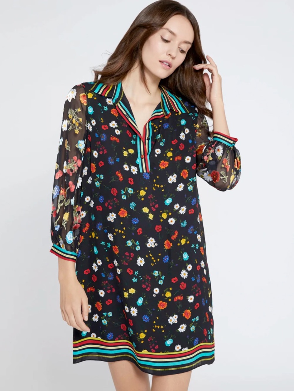 Alice + Olivia Lalita Floral Mini Shirt Dress Size S Floral Long Sleeve Collared